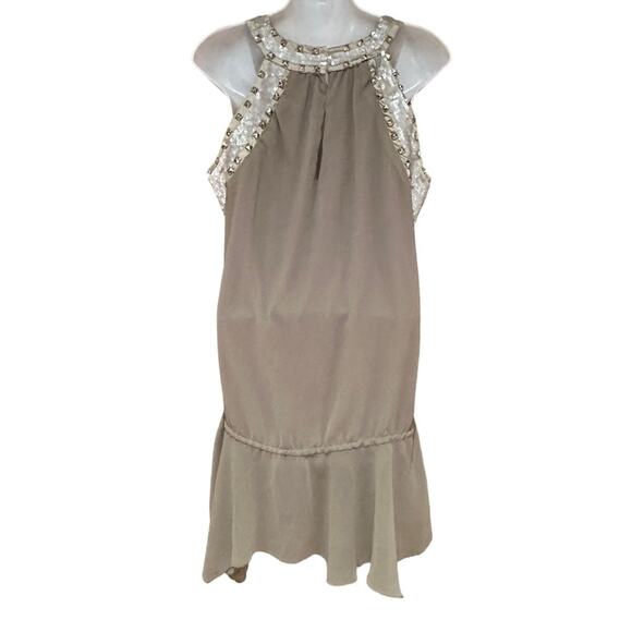 Boston Proper Taupe And Sequin Neck Tunic Tie Waist Top Womens Medium - Picture 2 of 8